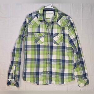 Aéropostale Men’s Green Plaid Snap Front Button-Up Shirt Large Light Academia
